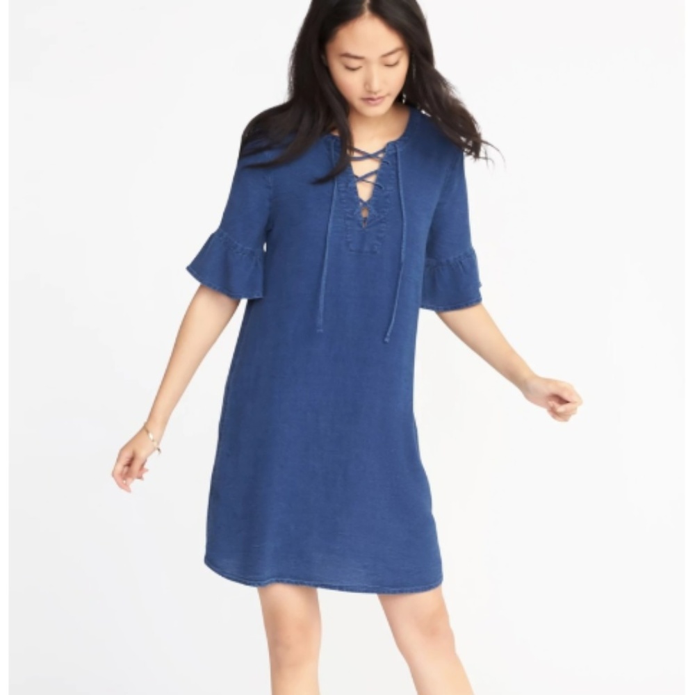 Old Navy lace up chambray blue flare sleeve dress